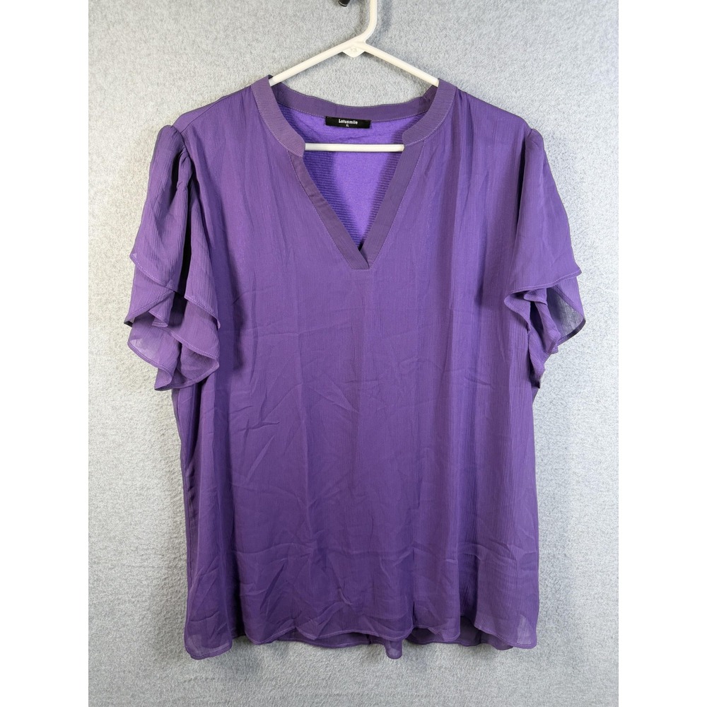 Lotusmile Tunic Top Womens XL Purple V Neck Ruffle Flutter Sleeve Blouse